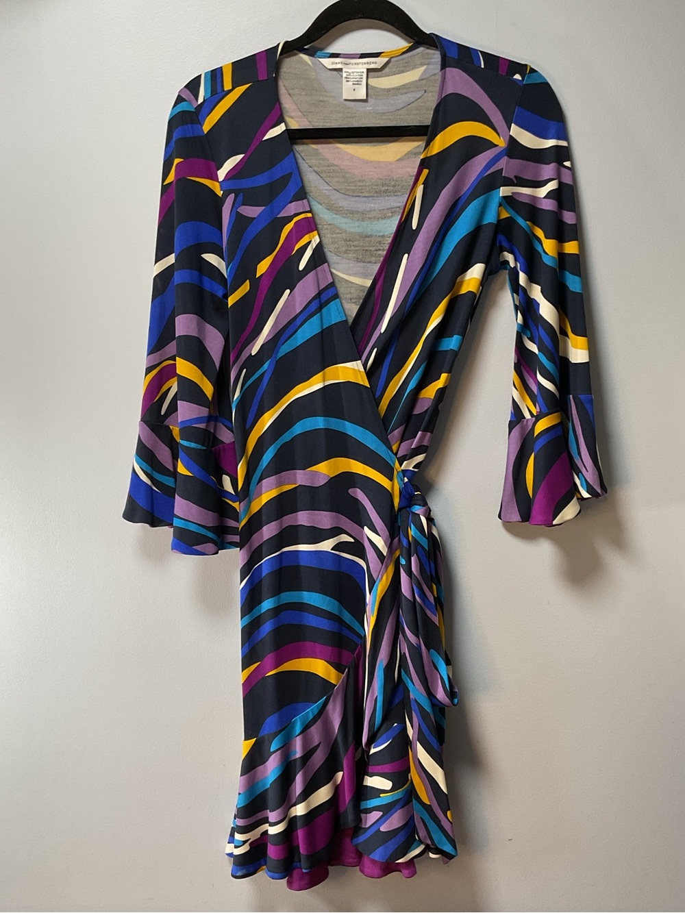 Diane Von Furstenberg Silk Rainbow Stripe Long Bell Sleeve Wrap Dress